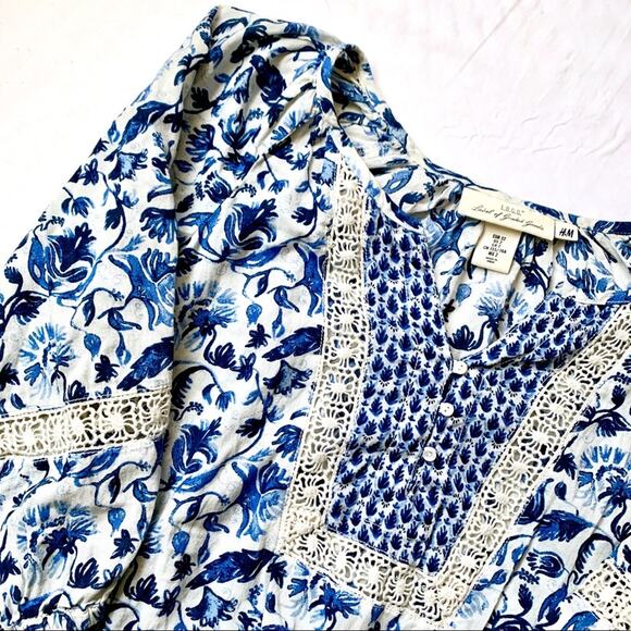 H&M Blue Lace Blouse Top Size 2 3/4 Sleeve V-Neck E Blue Floral Print - Picture 7 of 8